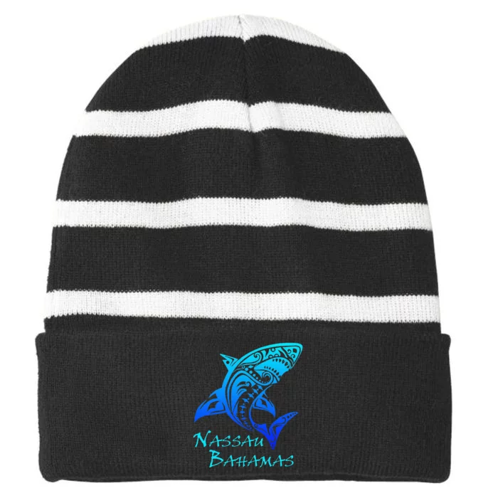 Nassau Bahamas Vintage Retro Tribal Shark Vacation Striped Beanie with Solid Band