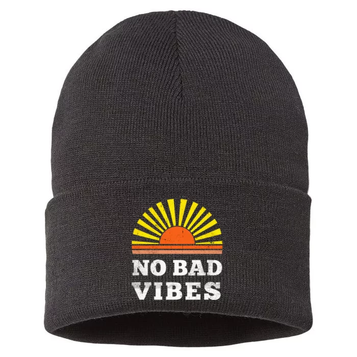 No Bad Vibes Retro Summer Sunset Think Positive Wellbeing Sustainable Knit Beanie