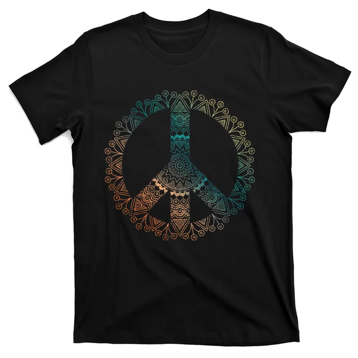 Neutral Boho Yoga Ornate Mandala Peace Sign Hippie T-Shirt