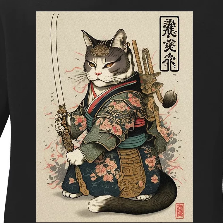 Ninja Cat Anime Style Samurai Cat Ladies Long Sleeve Shirt