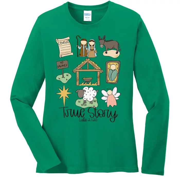 Nativity Christian Christmas Xmas True Story Manger Ladies Long Sleeve Shirt