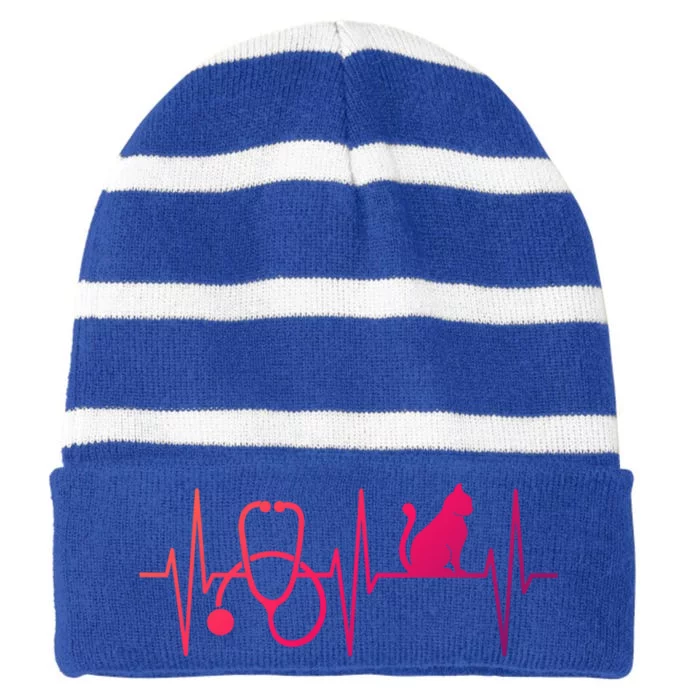 Nurse Cagift Cat Lover Nursing Heartbeat Registered Nurse Gift Striped Beanie with Solid Band