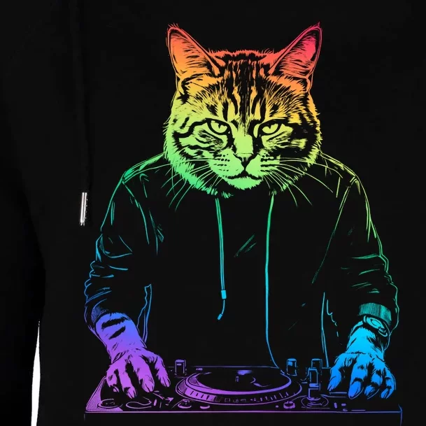 Neon Cat Dj Womens Funnel Neck Pullover Hood