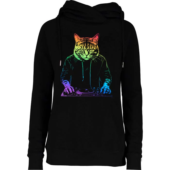 Neon Cat Dj Womens Funnel Neck Pullover Hood