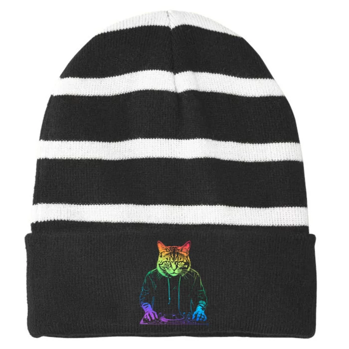 Neon Cat Dj Striped Beanie with Solid Band