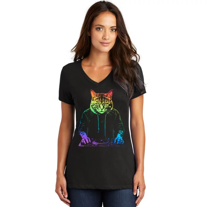 Neon Cat Dj Women's V-Neck T-Shirt