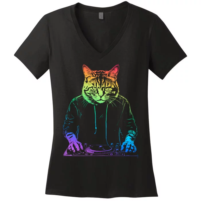 Neon Cat Dj Women's V-Neck T-Shirt