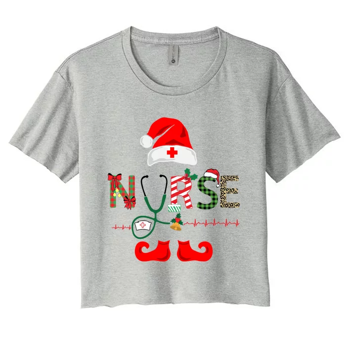 Nurse Christmas Elf Leopard Plaid Design Gift Women's Crop Top Tee