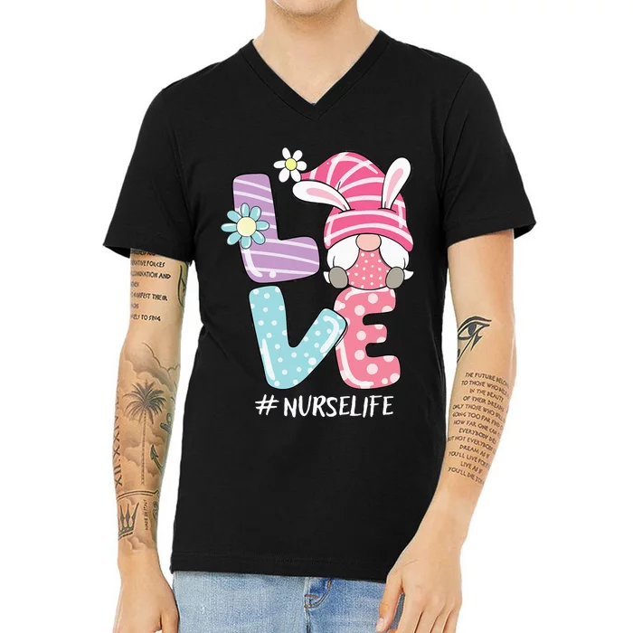 Nurse Cute Gnome Bunny Love Funny Easter Day Christians V-Neck T-Shirt