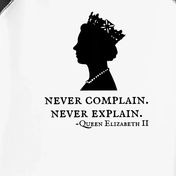 Never Complain Never Explain Queen II Elizabeth England Infant Baby Jersey Bodysuit