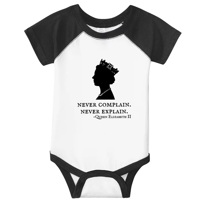 Never Complain Never Explain Queen II Elizabeth England Infant Baby Jersey Bodysuit