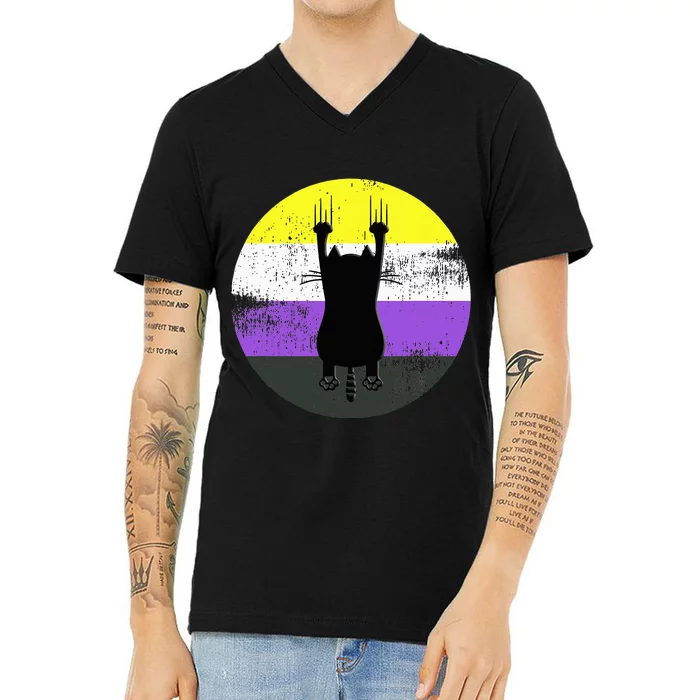 Nonbinary Cat Nonbinary Pride Flag V-Neck T-Shirt