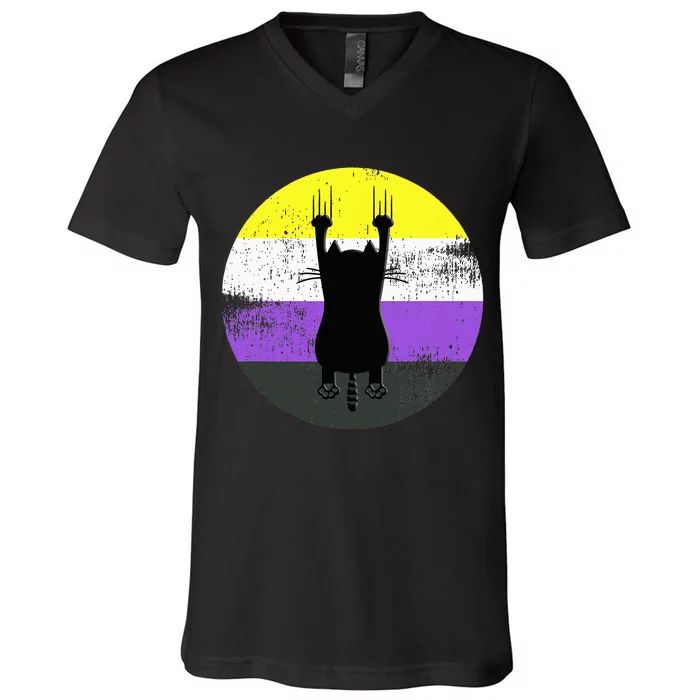 Nonbinary Cat Nonbinary Pride Flag V-Neck T-Shirt