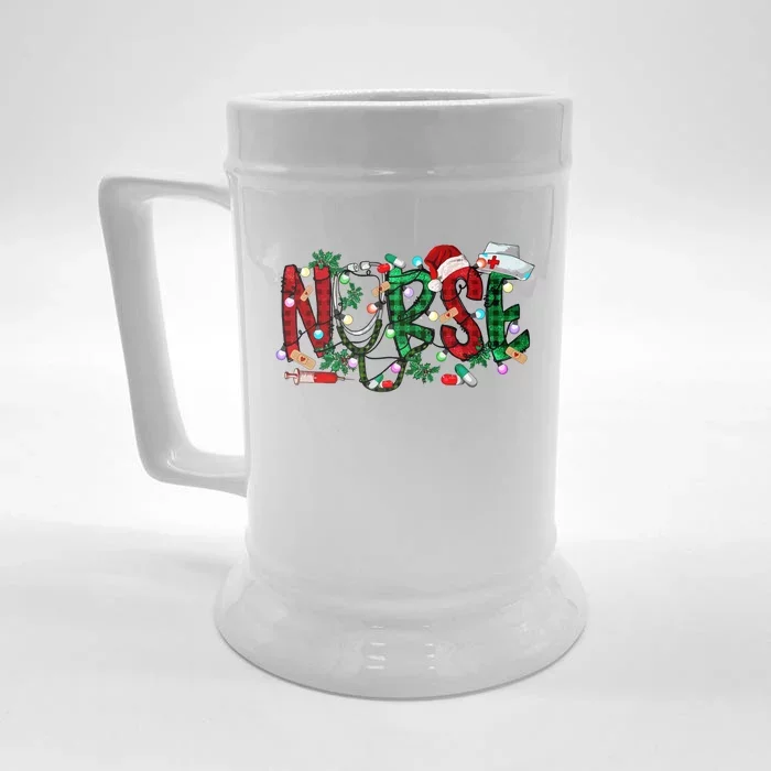 Nurse Christmas Nursing Stethoscope Xmas Scrub Top Gift Front & Back Beer Stein