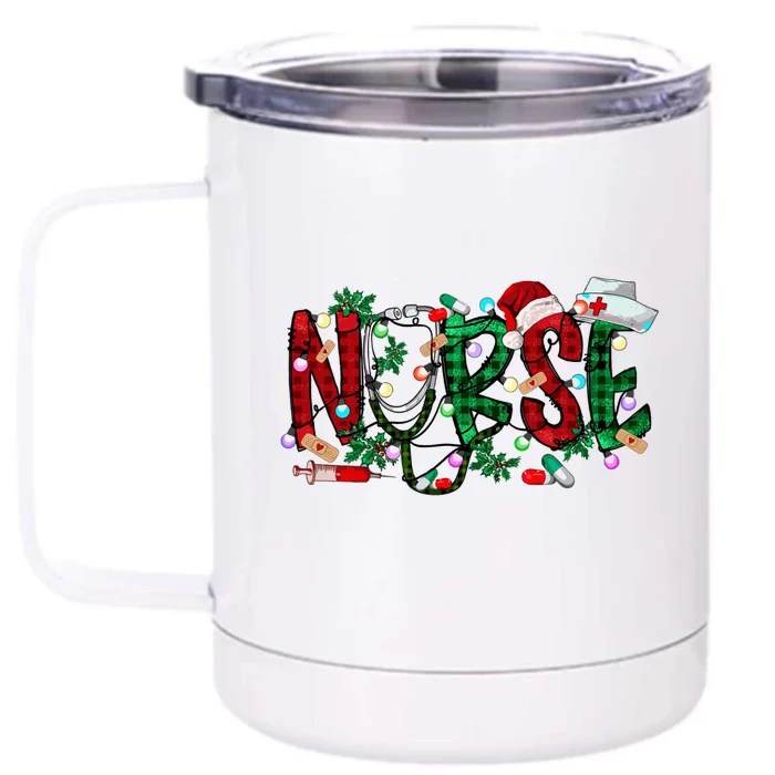 Nurse Christmas Nursing Stethoscope Xmas Scrub Top Gift Front & Back 12oz Stainless Steel Tumbler Cup