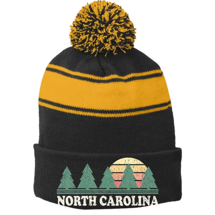 North Carolina Nc Vintage 70s Retro Stripe Pom Pom Beanie