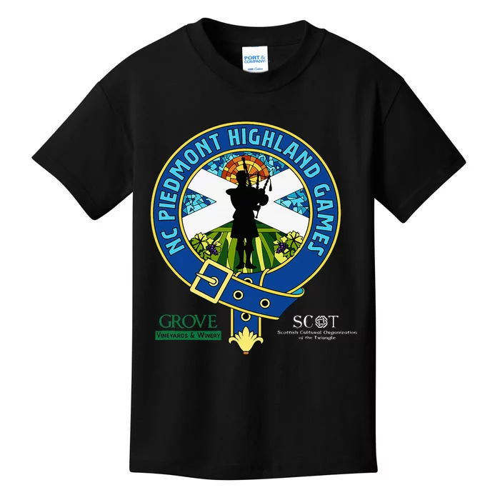 North Carolina Piedmont Highland Games Piper Edition Kids T-Shirt