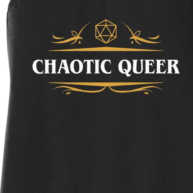 Nerdy Chaotic Queer Lgbt Pride Polyhedral D20 Dice Women's Racerback Tank