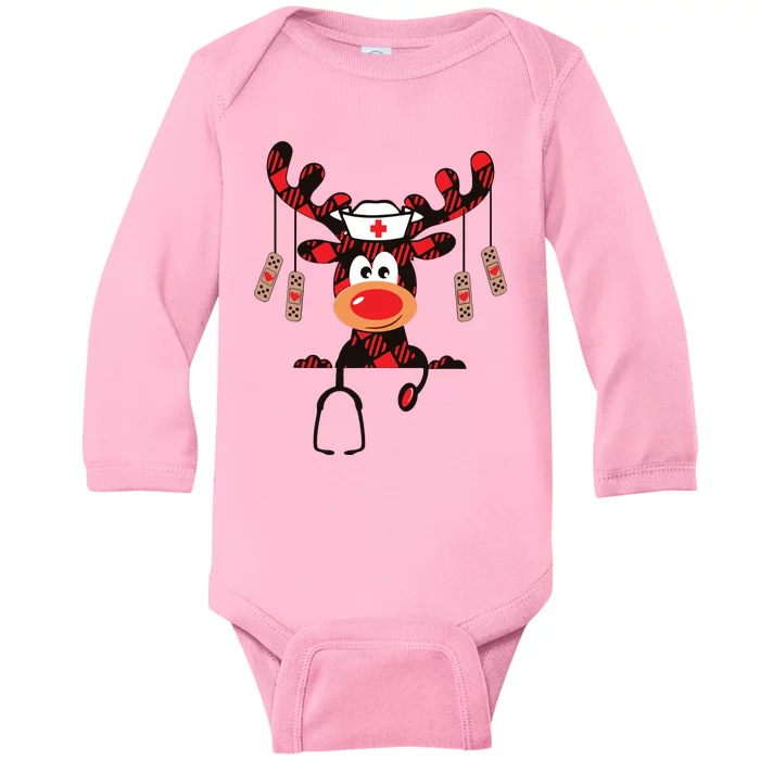 Nurse Christmas Reindeer Nurse Plaid Nicu Rn Lpn Scrub Top Baby Long Sleeve Bodysuit