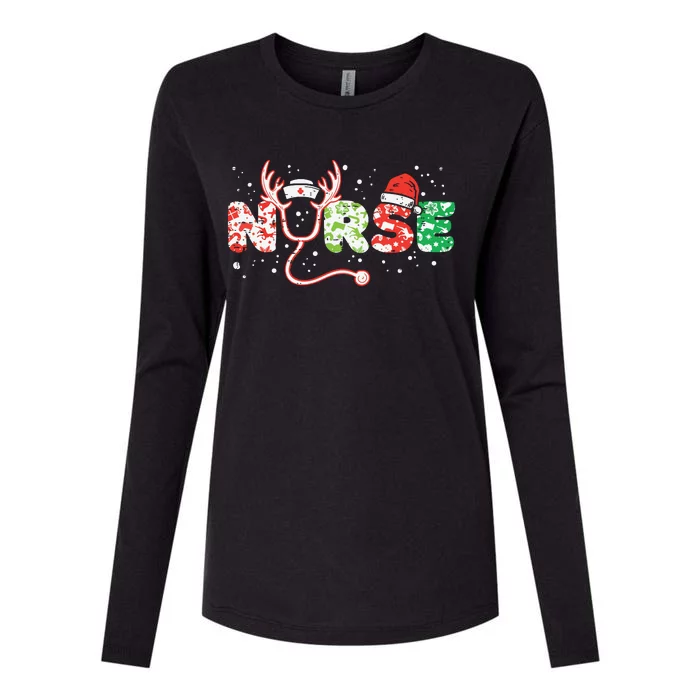 Nurse Christmas Stethoscope Nurses Xmas Scrub Top Women Womens Cotton Relaxed Long Sleeve T-Shirt