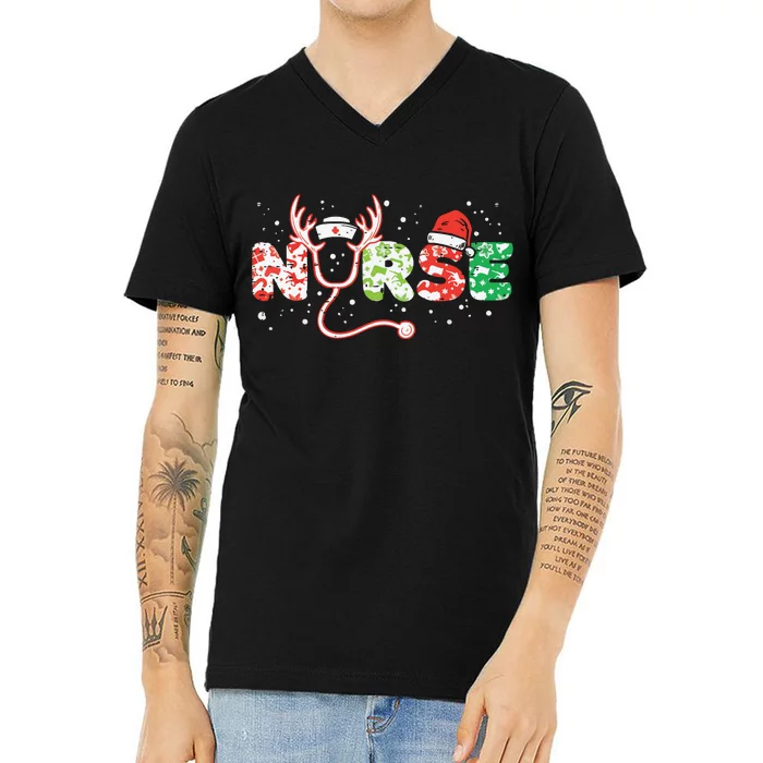 Nurse Christmas Stethoscope Nurses Xmas Scrub Top V-Neck T-Shirt