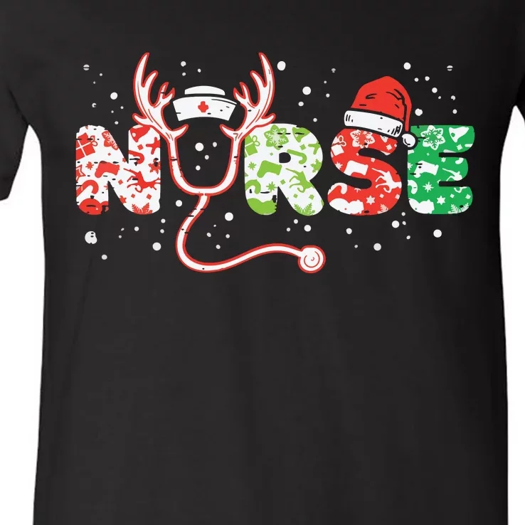 Nurse Christmas Stethoscope Nurses Xmas Scrub Top V-Neck T-Shirt