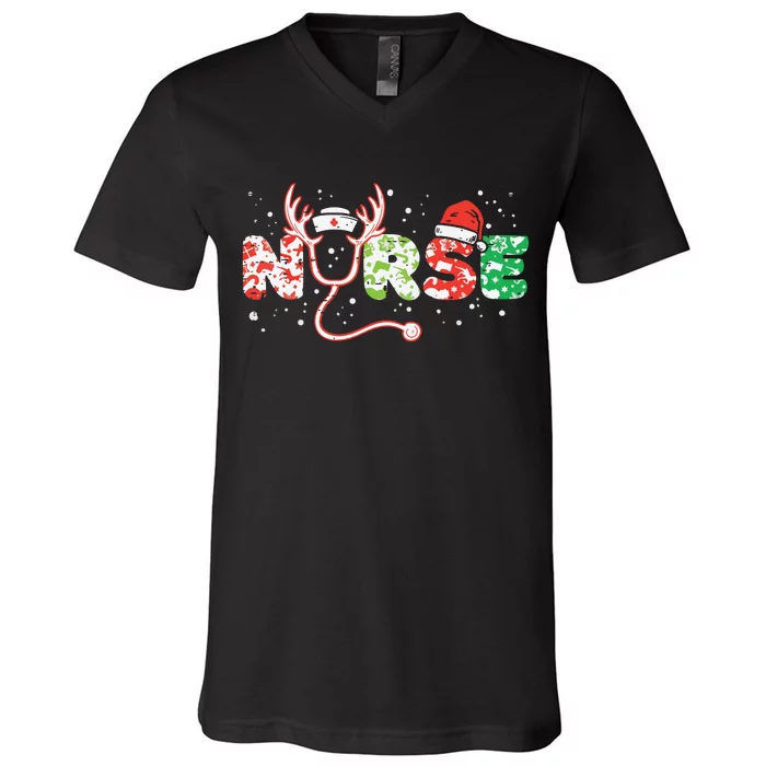 Nurse Christmas Stethoscope Nurses Xmas Scrub Top V-Neck T-Shirt