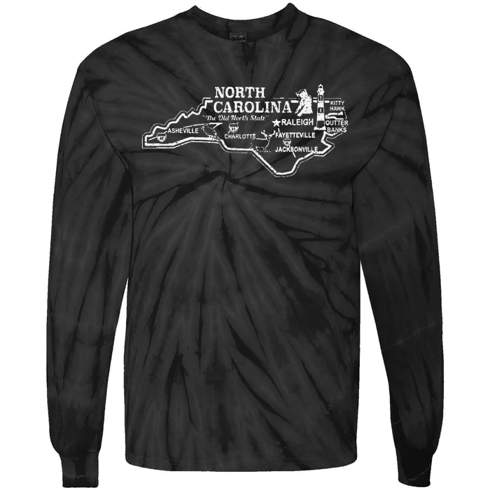 North Carolina State Map Travel Souvenir Vintage Tie-Dye Long Sleeve Shirt