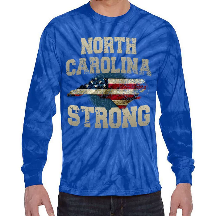 North Carolina Strong With Nc State And Usa Flag Overlay Tie-Dye Long Sleeve Shirt