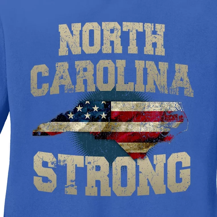 North Carolina Strong With Nc State And Usa Flag Overlay Ladies Long Sleeve Shirt