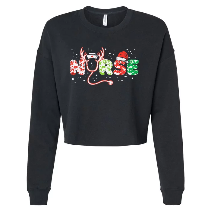 Nurse Christmas Stethoscope Nurses Xmas Scrub Top Cropped Pullover Crew