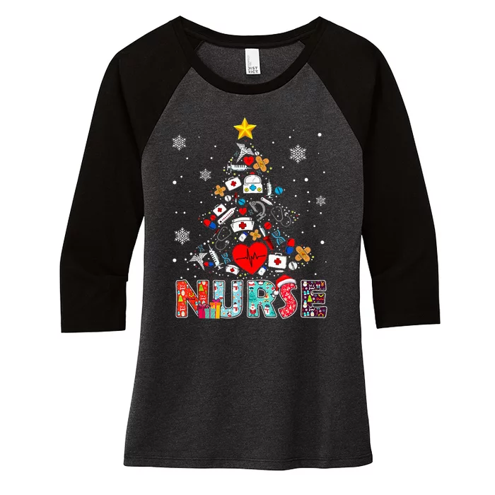 Nurse Christmas Tree Stethoscope RN LPN Scrub Nursing Xmas Women's Tri-Blend 3/4-Sleeve Raglan Shirt