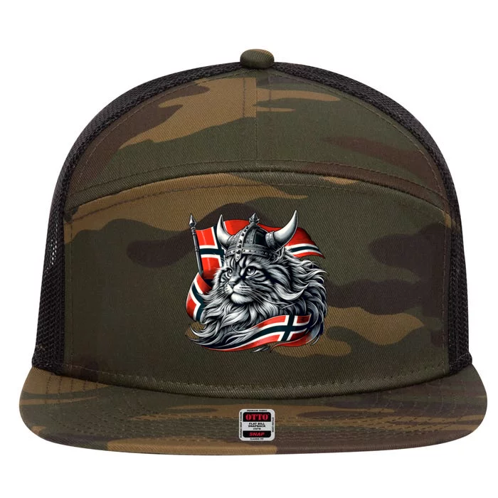 Norwegian Cat Viking Norway Flag 7 Panel Mesh Trucker Snapback Hat