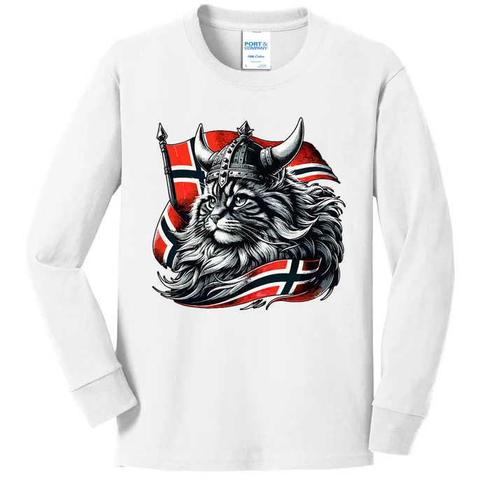 Norwegian Cat Viking Norway Flag Kids Long Sleeve Shirt