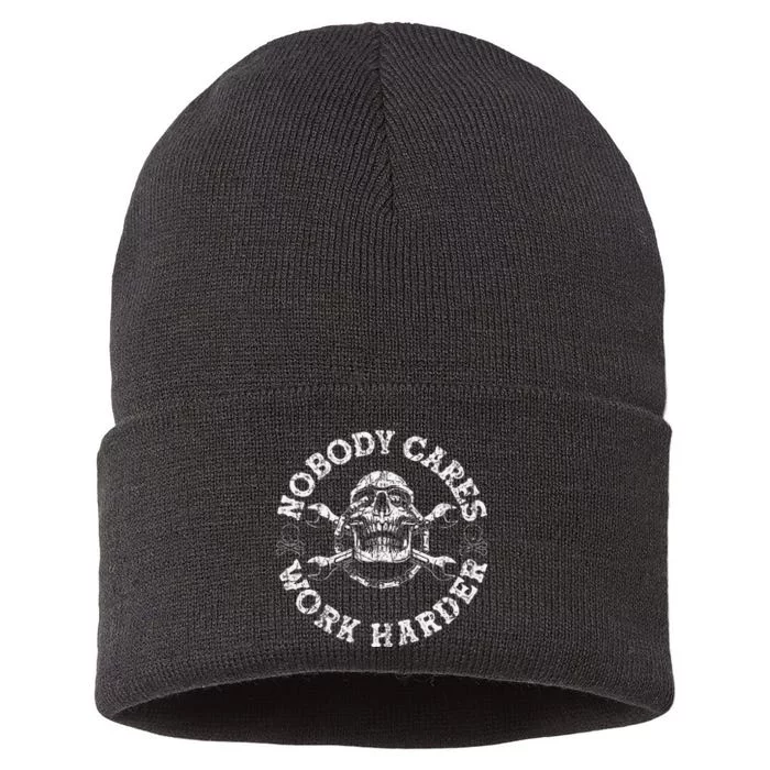 Nobody Cares Work Harder Skull Mechanic Engineer Sustainable Knit Beanie