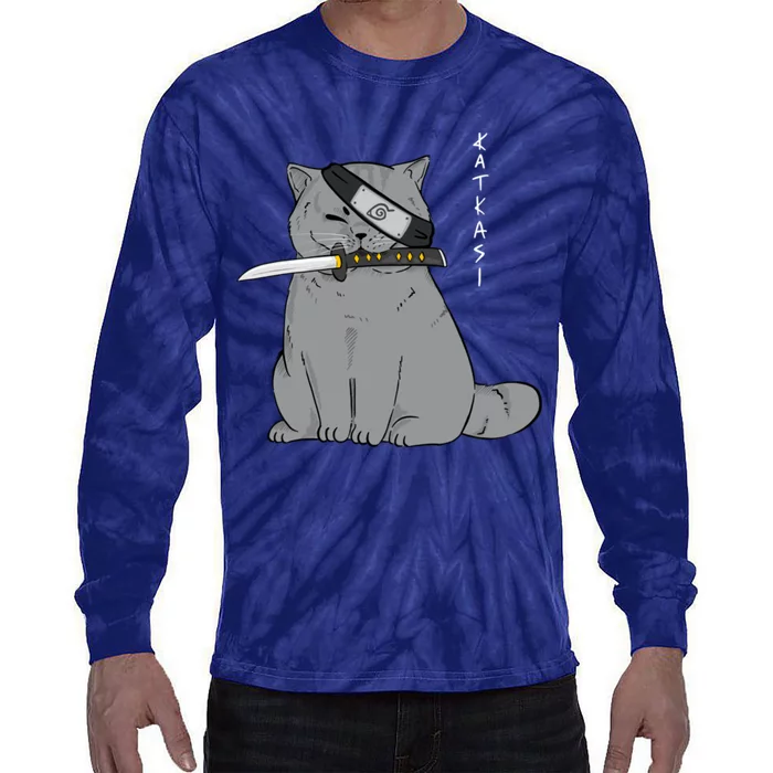 Ninja Cat With Samurai Sword In Mouth Tie-Dye Long Sleeve Shirt