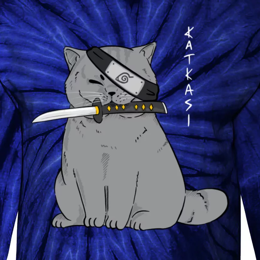 Ninja Cat With Samurai Sword In Mouth Tie-Dye Long Sleeve Shirt