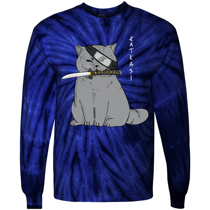 Ninja Cat With Samurai Sword In Mouth Tie-Dye Long Sleeve Shirt