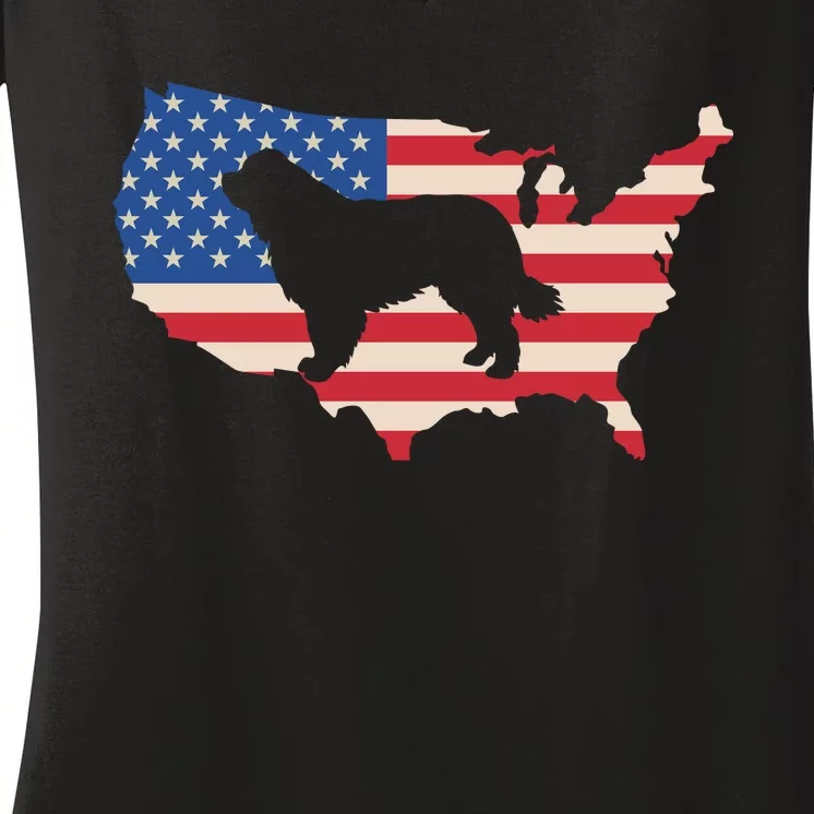 Newfie Dog America Flag Patriotic Dog Lover Gift Women's V-Neck T-Shirt