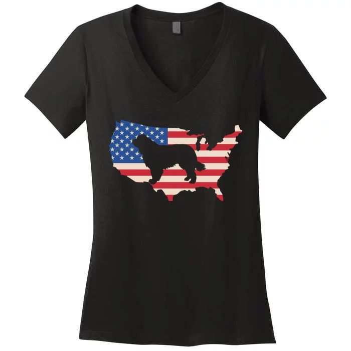 Newfie Dog America Flag Patriotic Dog Lover Gift Women's V-Neck T-Shirt