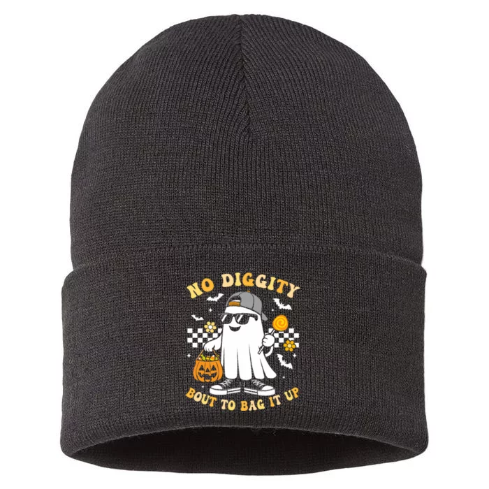 No Diggity Bout To Bag It Up Retro Ghost Halloween Sustainable Knit Beanie