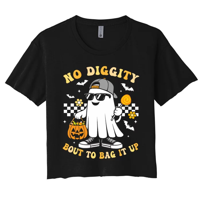 No Diggity Bout To Bag It Up Retro Ghost Halloween Women's Crop Top Tee