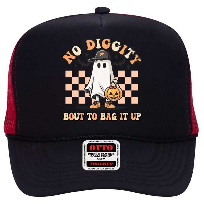 No Diggity Bout To Bag It Up Ghost Halloween High Crown Mesh Trucker Hat