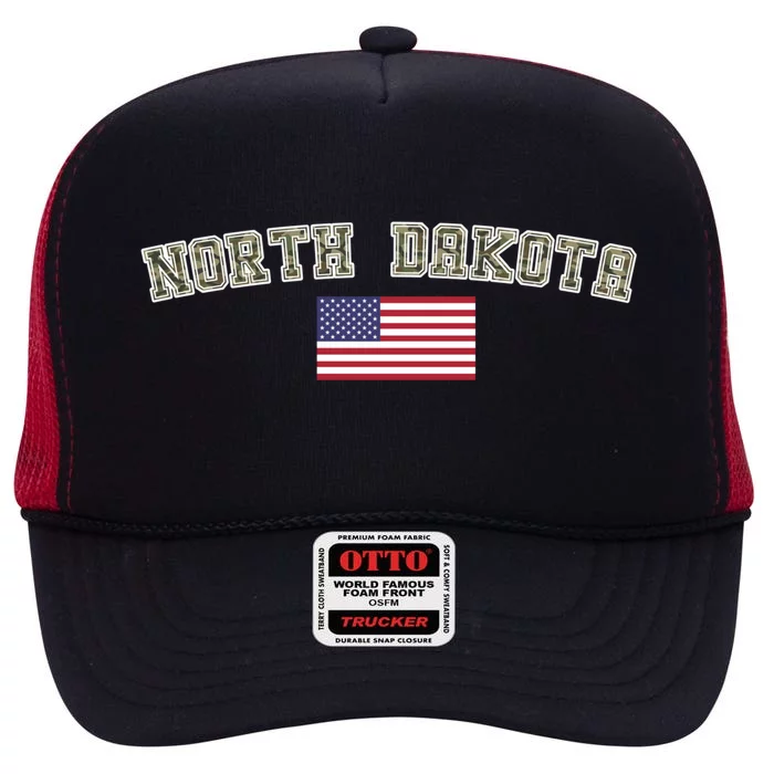 North Dakota Camo University College State American Flag Gift High Crown Mesh Trucker Hat