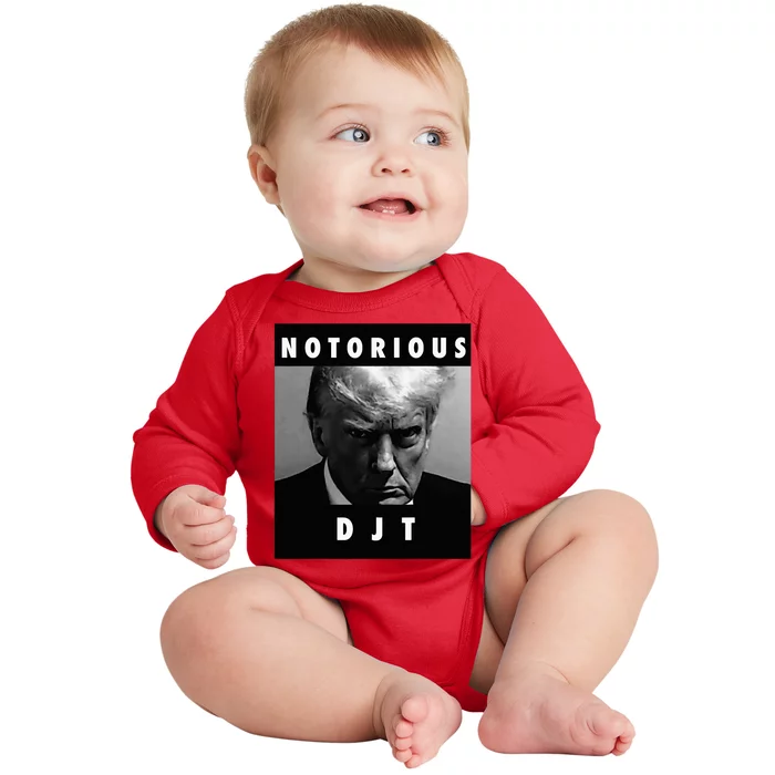 Notorious Djt Donald Trump Mug Shot Republican 2024 Maga Baby Long Sleeve Bodysuit