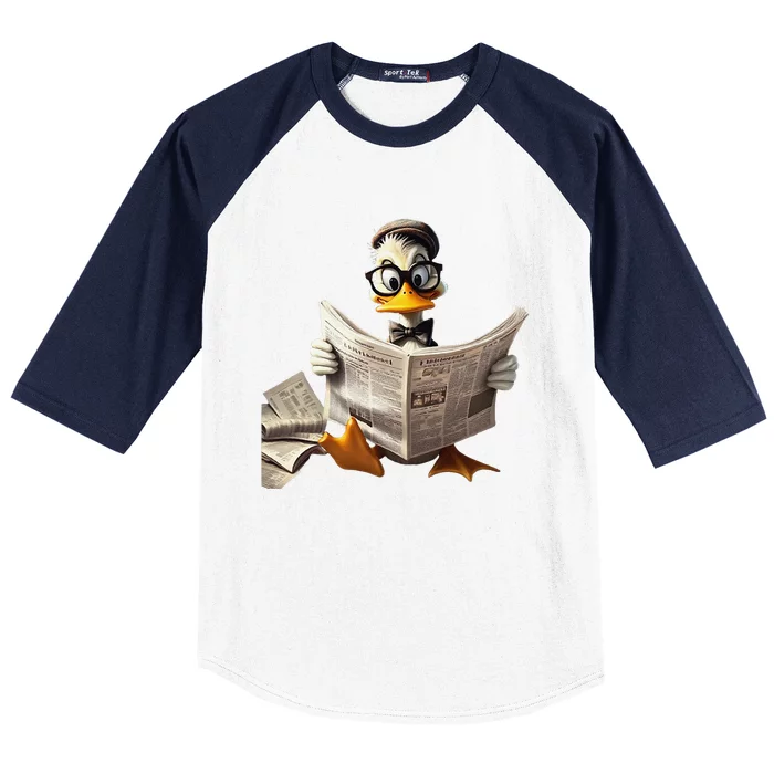 Nerdy Duck Engrossed In Reading A Newspaper Baseball Sleeve Shirt