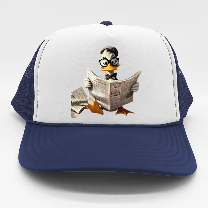 Nerdy Duck Engrossed In Reading A Newspaper Trucker Hat