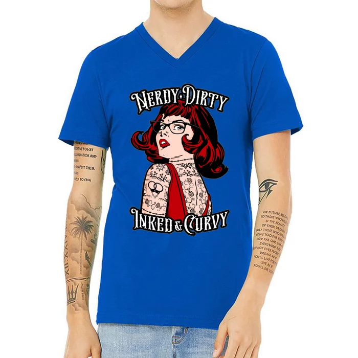 Nerdy Dirty Inked And Curvy Book Lover Tattoo Pop Art Funny Gift V-Neck T-Shirt