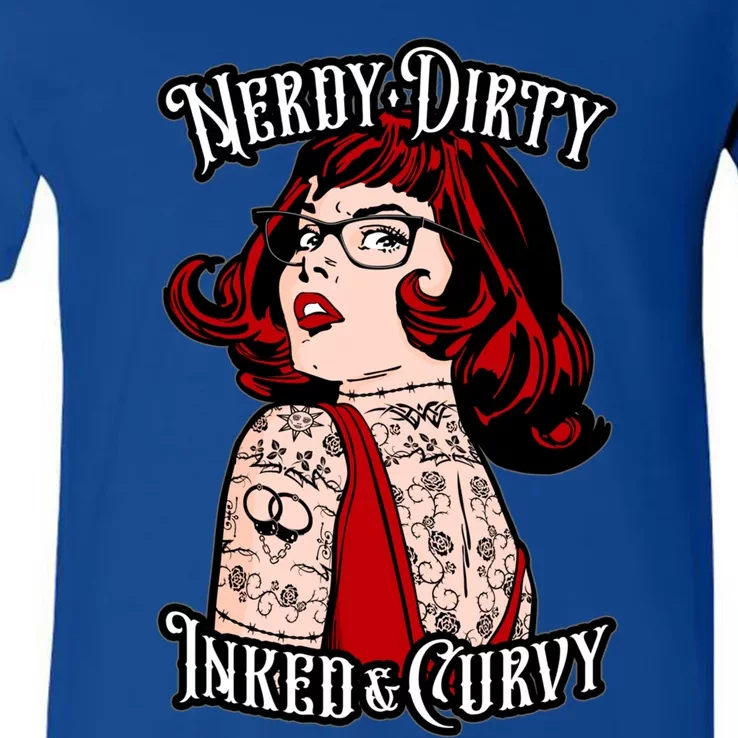 Nerdy Dirty Inked And Curvy Book Lover Tattoo Pop Art Funny Gift V-Neck T-Shirt