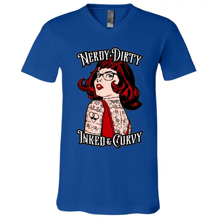 Nerdy Dirty Inked And Curvy Book Lover Tattoo Pop Art Funny Gift V-Neck T-Shirt